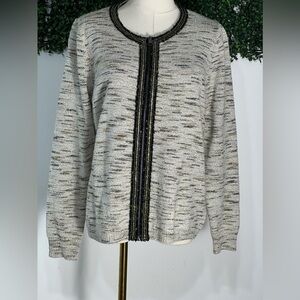 Charter Club Ivory Gold Stitched Zip Up Wool Blend Cardigan Blazer Size L Petite